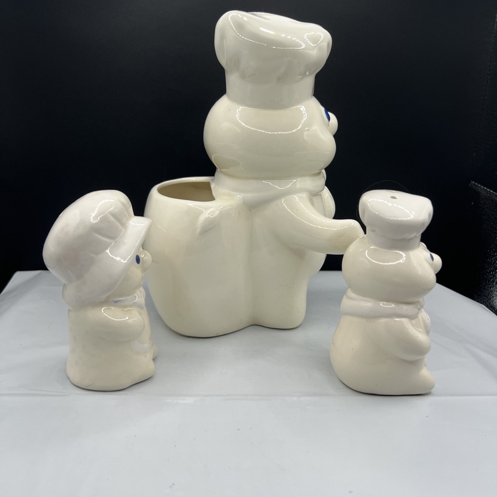 1988 3pc Lot Pillsbury Doughboy Ceramic Utensil Holder and Salt & Pepper Shakers - Picture 5 of 9